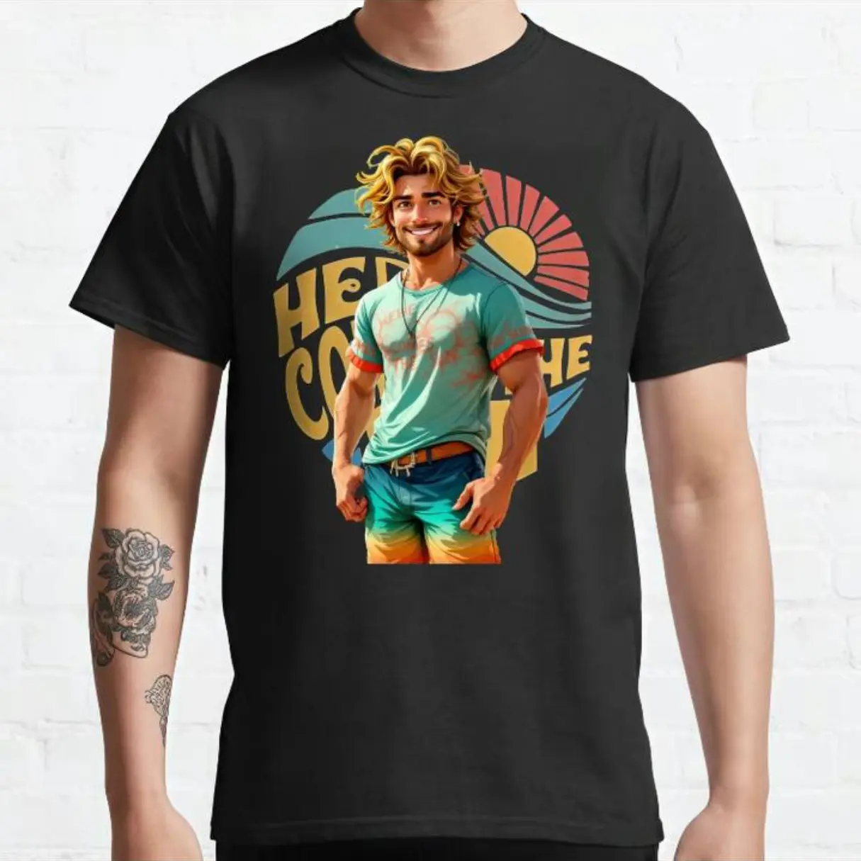 Unisex Cotton Graphic Tee with Retro Beach Vibes "Here Comes The Sun" Graphic Design T-shirt, Meme Shirt, Men's Gifts, Ballhog Summer Shirt Fabric Top ftd campust shirts