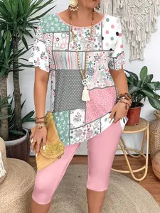 Summer Patchwork Floral Printed Round Neck Short Sleeve T-Shirt & Leggings 2pcs Plus Size Outfit For Women Casual Geometric Striped Plants Colorblock Loose Fit Above The Knee Fabric Womenswear