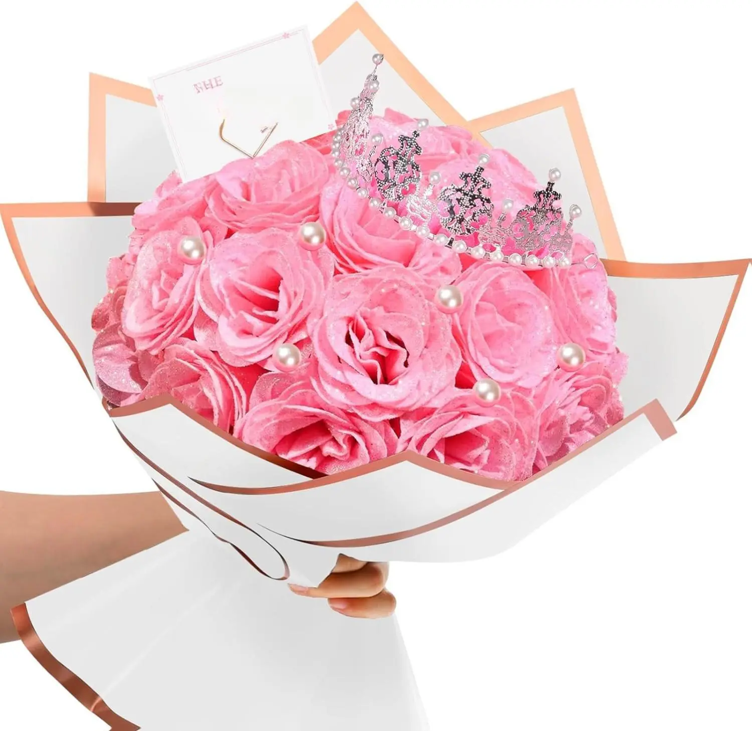 [New deal] -  Roses Bouquet Pink Flower Set with 24 Glittering Roses, Wrapping Paper, Crown, Card for Valentine's Day, Birthday, Anniversary, Engagement, Wedding, Thanksgiving, Christmas