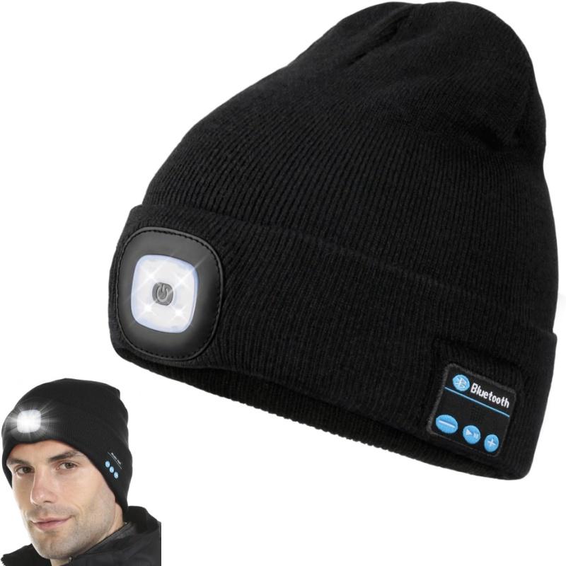 Bluetooth Beanie with a Light, Unisex USB Rechargeable 4 LED Fashlight Hat with Cordless Headphones, Unique Christmas Birthday Gifts for Men Him Husband Teen