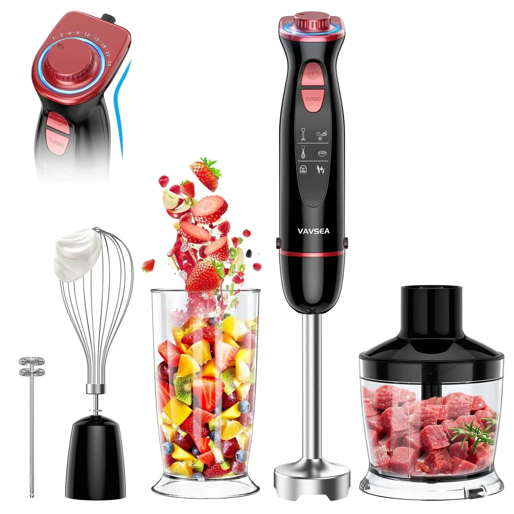 VAVSEA Immersion Blender, 1100W 5-In-1 Hand Blender, 24-Speed Handheld Stick Blender for Kitchen, Chopper, Beaker, Whisk, Milk Frother, for Baby Food Processor/Smoothies, New