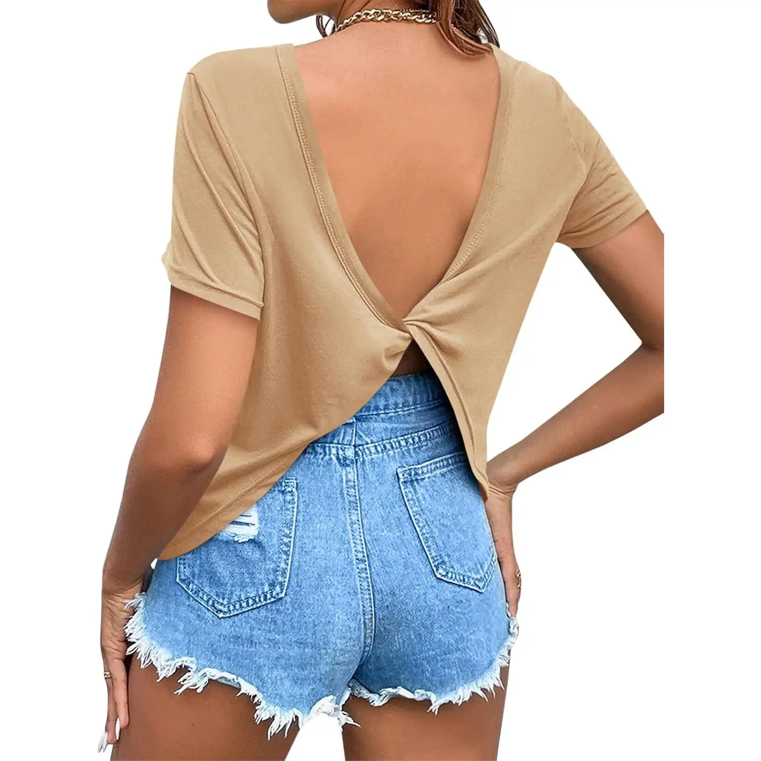 TANKANEO Women's Twist Backless Short Sleeve T Shirts Tops Round Neck Curved Hem Casual Workout Tee T-Shirts