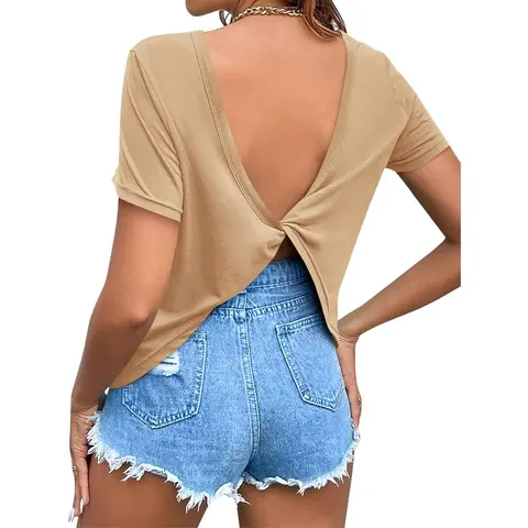 TANKANEO Women's Twist Backless Short Sleeve T Shirts Tops Round Neck Curved Hem Casual Workout Tee T-Shirts