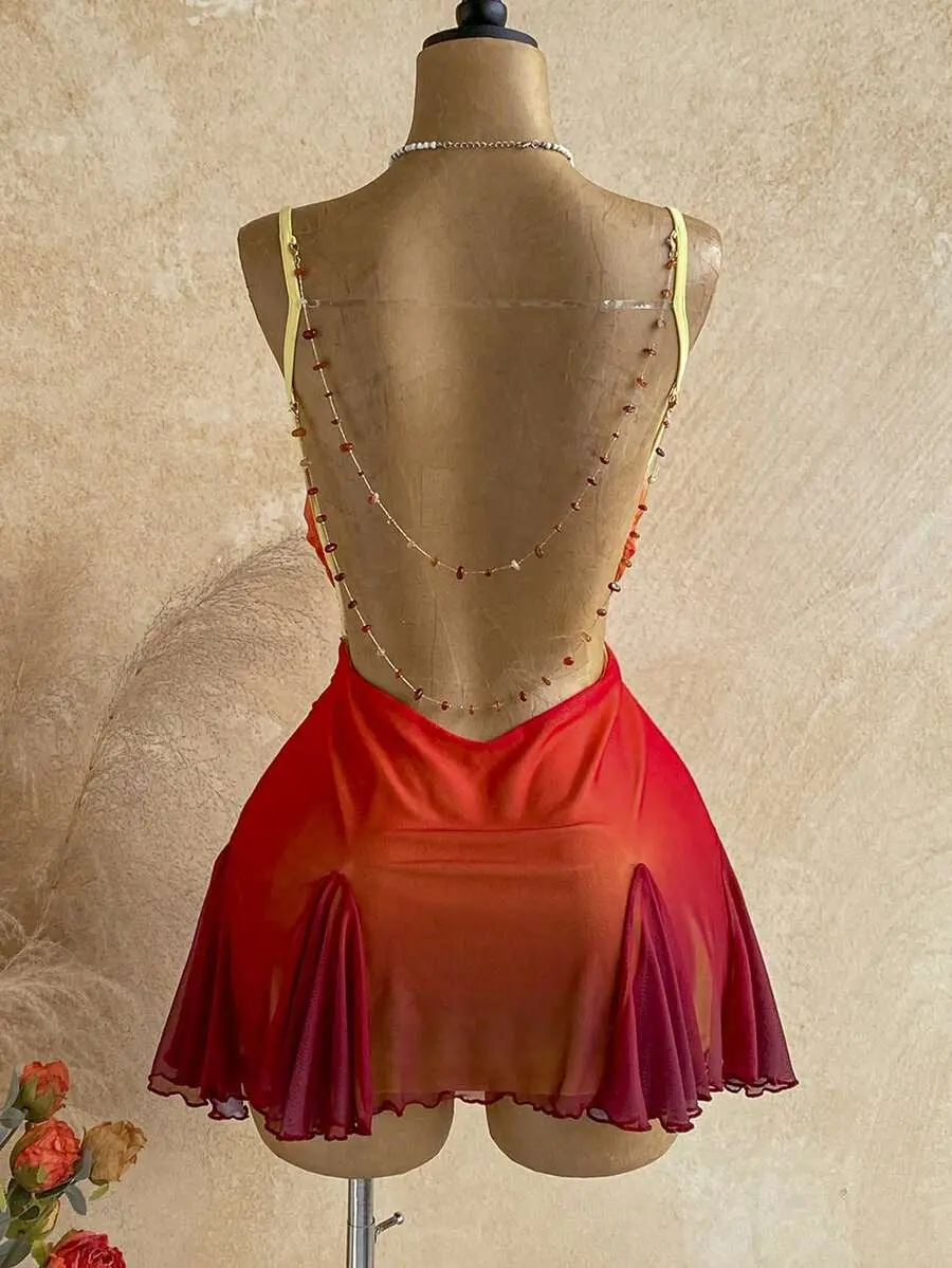 DAMIKA Mesh Spaghetti Strap Mini Dress,Plunging Neckline,Backless Double Chain,Red Orange,Summer,70s,Night Out,Party, Beach Outfit