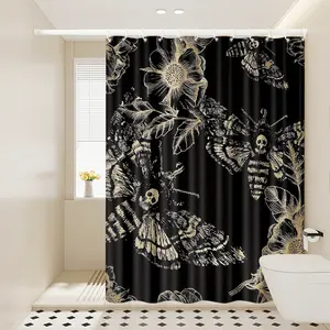 1pc Gothic Moth & Floral Decorative Shower Curtain, Dark - Chic Bathroom Decor, Skull - Moth & Flower Pattern Design, 70.9x70.9in Hanging Curtain with Hooks, Ideal Gift for Housewarming or Friends