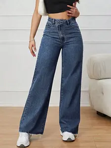 Women's Vintage Denim Jeans, High Waisted Slanted Pockets Button Design, Casual A-Line Style for Spring & Fall, Daily Wear