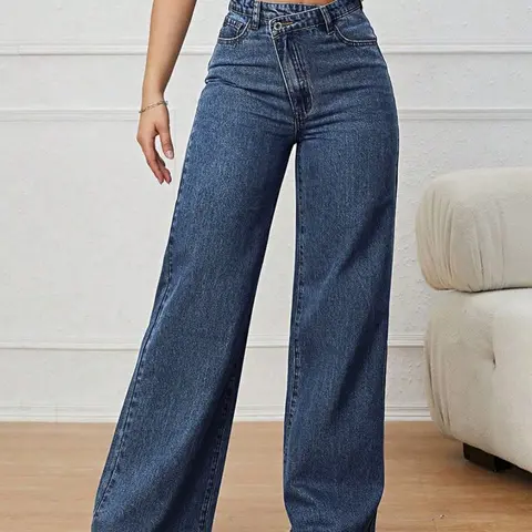 Women's Vintage Denim Jeans, High Waisted Slanted Pockets Button Design, Casual A-Line Style for Spring & Fall, Daily Wear Pants Bottoms