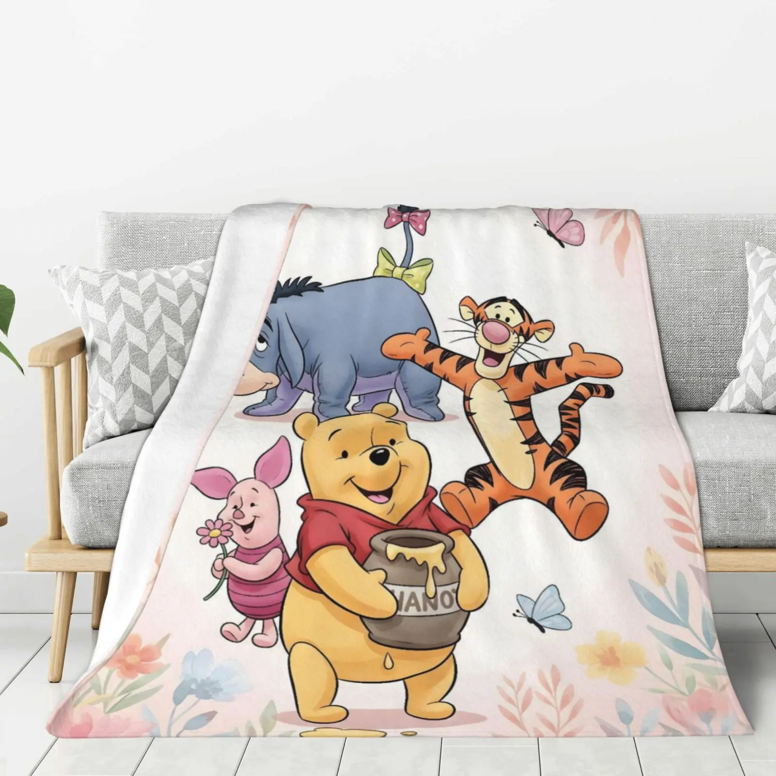 DISNEY CLASSIC Winnie the Pooh & Friends Flannel Fleece Blanket, Cute Tigger Eeyore Piglet Floral Butterfly Print, Soft Cozy Throw for Bed Sofa & Gifts