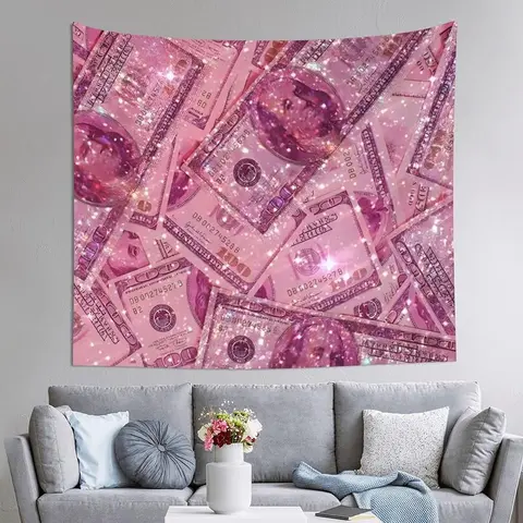 60"x50" Rectangular Pink Money Print Synthetic Durable Decorative Wall Hanging Tapestry, 2000s Vintage Home Textile, Teen Girls' Bedroom Decor, Hand Wash Safe Indoor/Outdoor Wall Art
