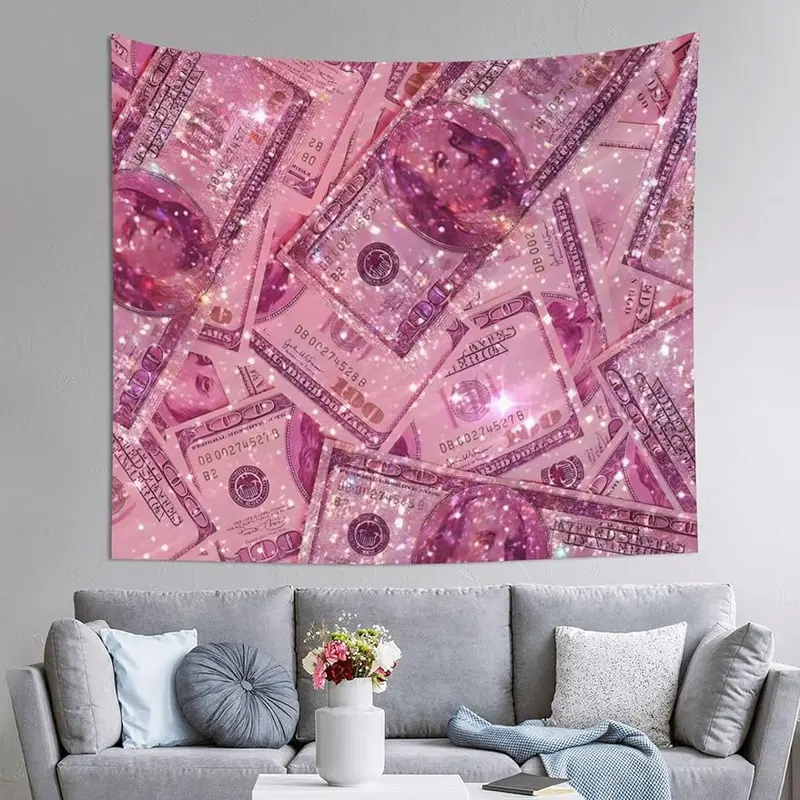 60"x50" Rectangular Pink Money Print Synthetic Durable Decorative Wall Hanging Tapestry, 2000s Vintage Home Textile, Teen Girls' Bedroom Decor, Hand Wash Safe Indoor/Outdoor Wall Art