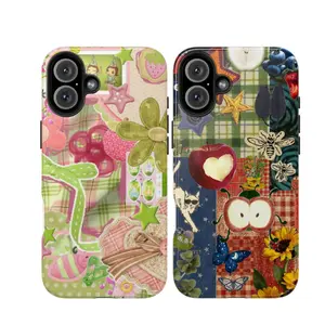 Aesthetic Collage Phone Case – Green Plaid Patchwork with Cute Frog, Flowers & Stars + Retro Vintage Design with Apple, Cat, Butterflies & Sunflowers – Trendy Protective Cover for iPhone & Samsung Galaxy, Perfect Gift for Him & Her