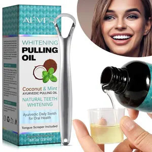 ALIVER 3-Piece Coconut Oil & Mint Mouthwash Oral Rinse Set, including 237ml of Coconut Oil & Mint Mouthwash + 1 tongue scraper + 1 measuring cup. With a refreshing coconut oil and mint scent, it freshens breath, eliminates bad breath, and cleans teeth.