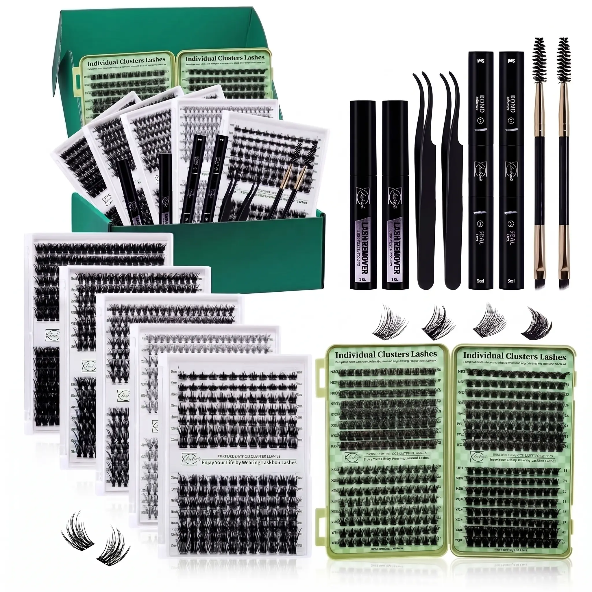 Makeup Wispy Lash Clusters Kit - 2304pcs Cat Eye DIY Eyelash Extensions with 4 Boxes, Bond, Seal, Remover, Tweezers