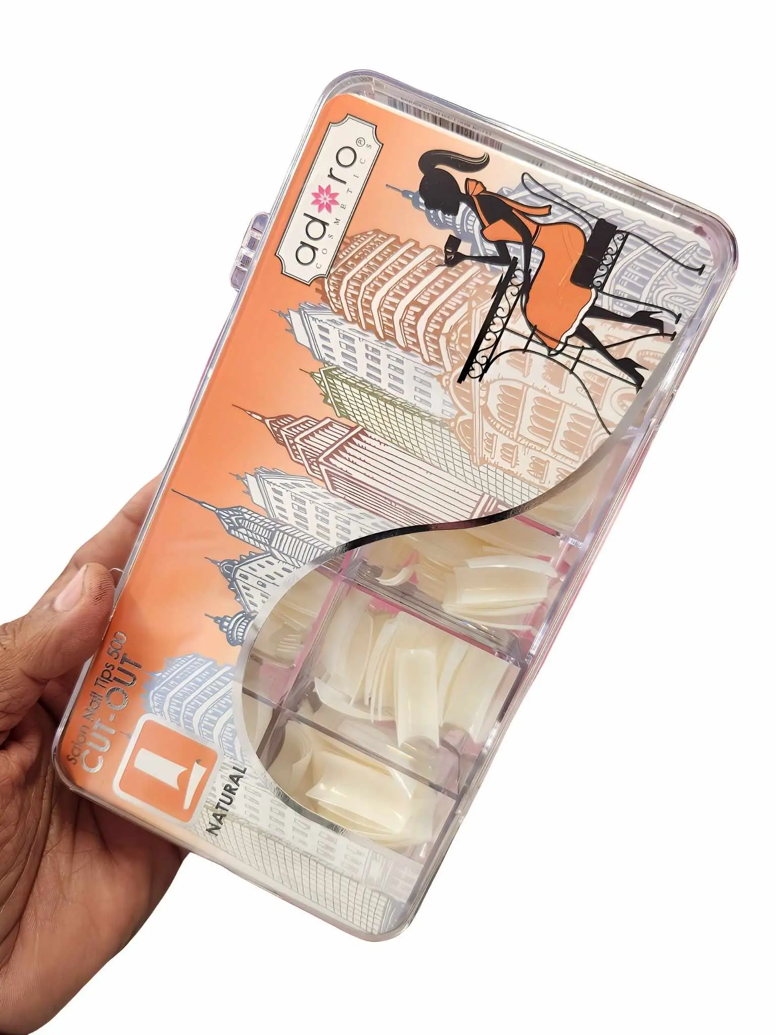 Adoro Cosmetics Salon Quality Acrylic Cut-Out Nail Tips, Natural Color PVC Blend Multi-Pack (500 Pieces, Sizes 1-10), Acrylic Box Packaging, Ideal for Enhanced Nail Appearance