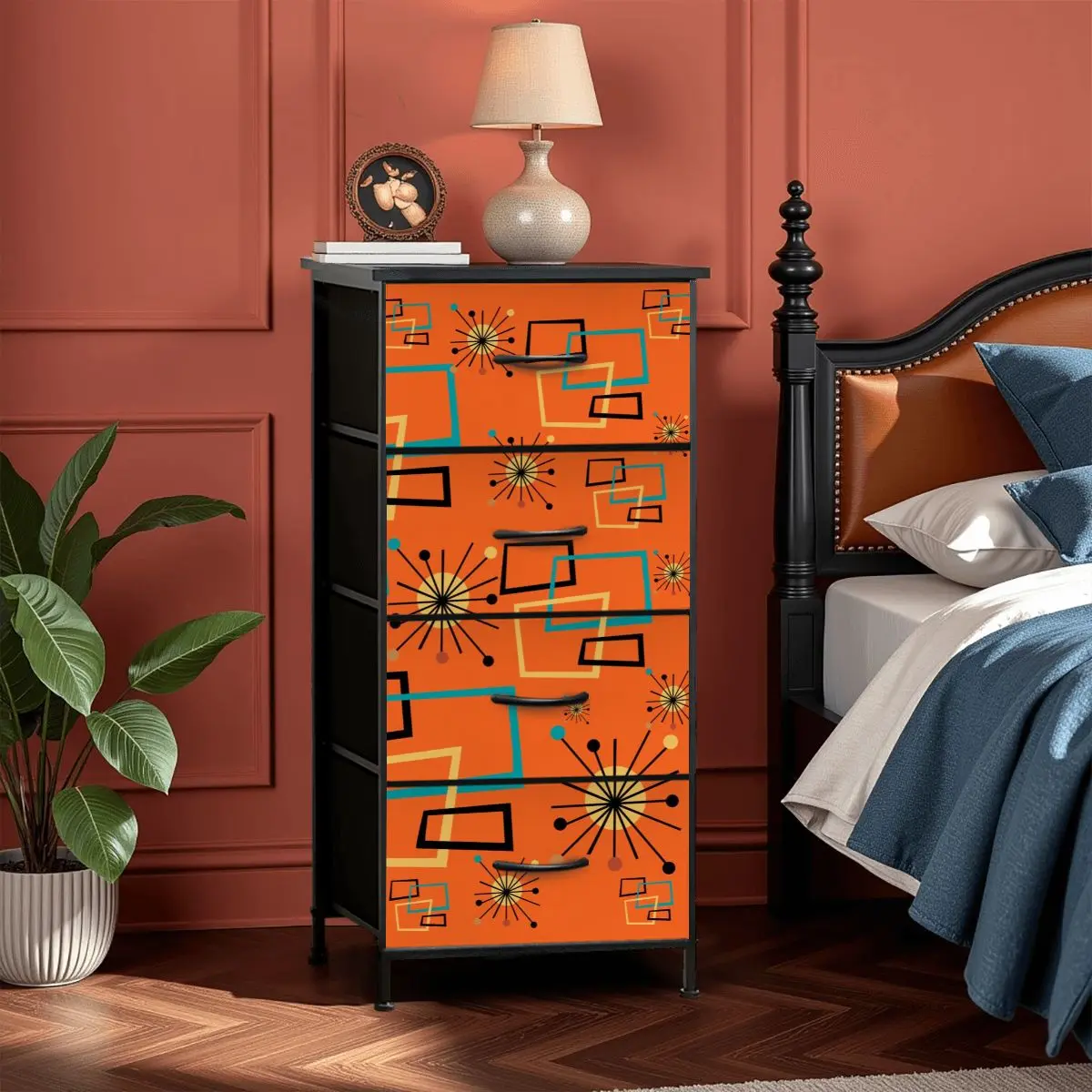Mid Century Modern Sinatra Orange, Starburst, Geometric Funky Fun 4-Drawer Dresser