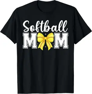 Coquette Softball Bow Softball Mom Mothers Day Softball Mama Summer Casual Shortsleeve Cotton T-Shirt