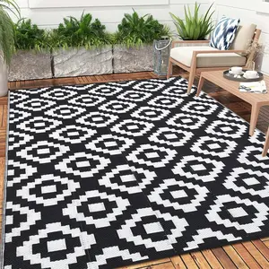 Garvee 9'x18' Large Outdoor Rug, Reversible Plastic Straw Mat for Patio, RV & Camping, Durable & Easy to Clean Floor Mat for Deck, Porch, Backyard, Beach (Diamond Black White)