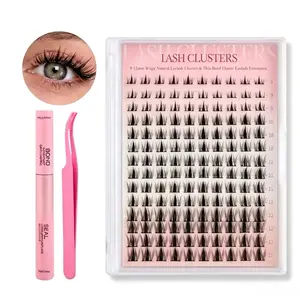 Wispy Lash Clusters Set with Lash Glue, Sealant & Applicator - Mixed Length 9-12mm Natural False Eyelashes