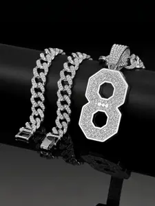 Hiphop Style Lucky Number 8 Full Diamond Pendant Necklace, Alloy Chain Cuban Link, Street Fashion Artistic Jewelry, Wealth Symbol