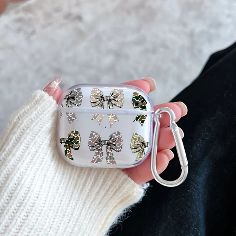 Camouflage Bow Tie Pattern TPU Soft Protective Case for Apple AirPods 4/3/2/1/Pro/Pro2/Pro3 Transparent Earphone Cover with Keychain Attachment
