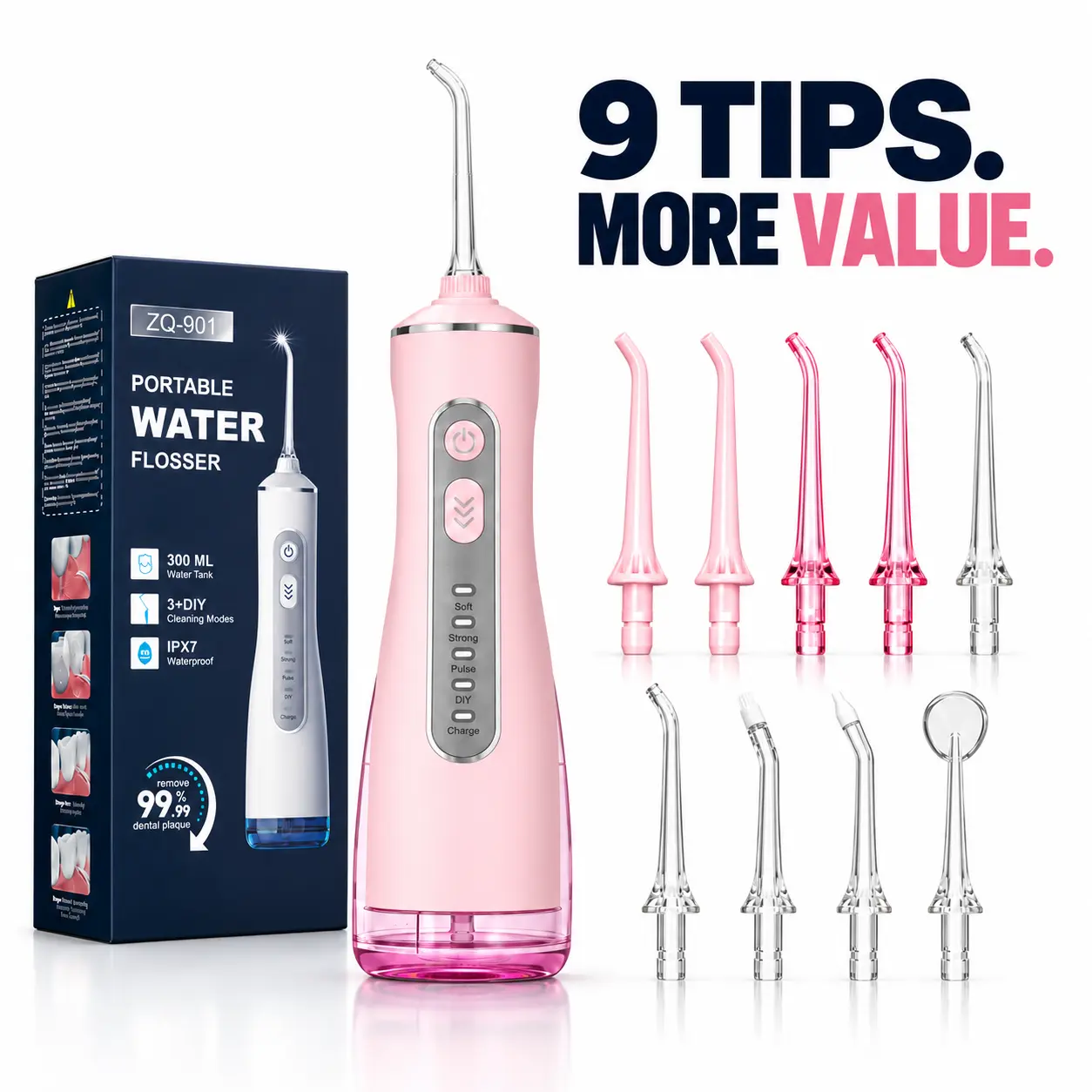 Cordless Water Flosser - 9 Multiple Tips, 300ML, 4 Modes, IPX7 Waterproof USB Rechargeable Oral Irrigator for Plaque Removal, Tongue Cleaning, Gum Health, Portable for Home & Travel