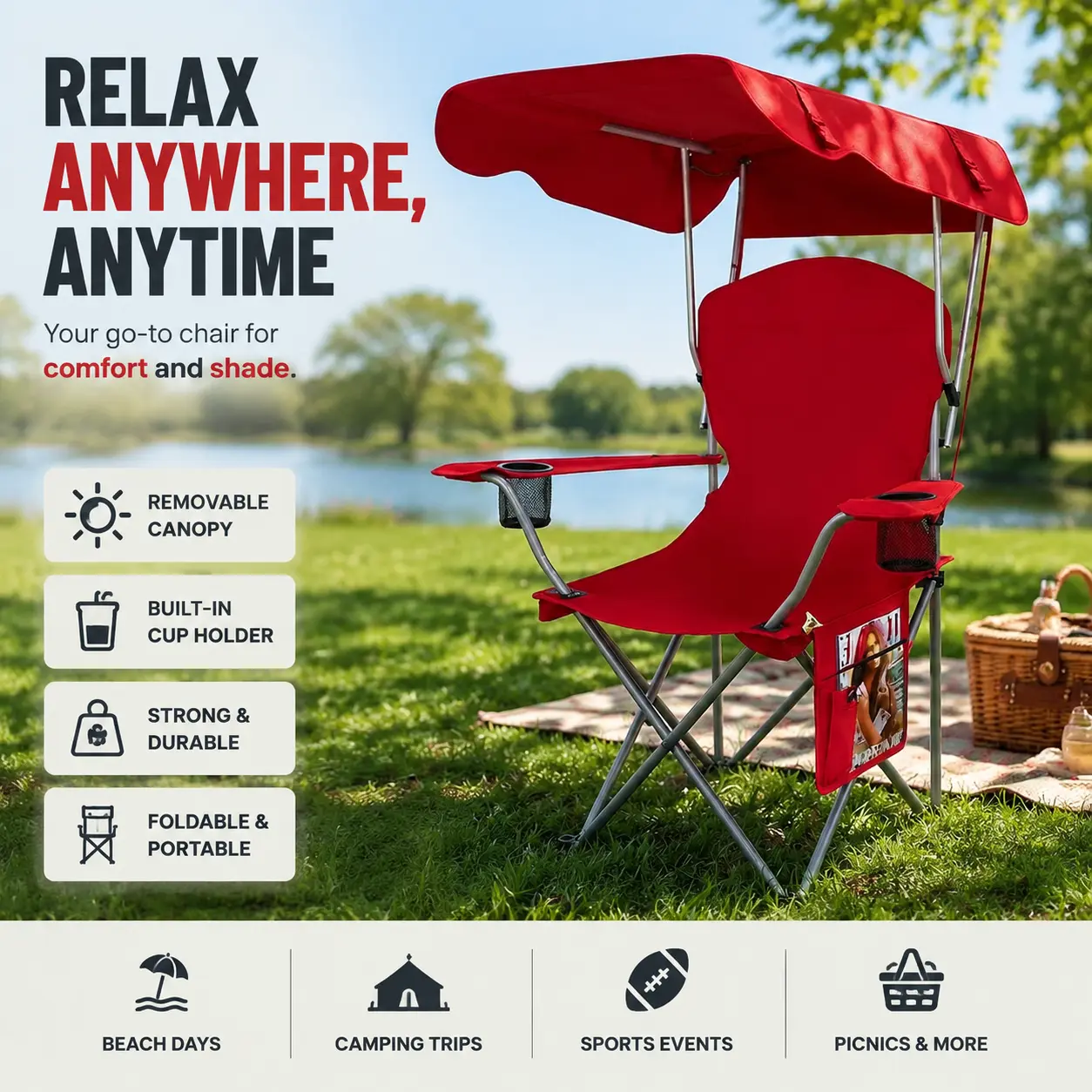 Shade Canopy Folding Chair | Stay Cool in the Sun, 330LBS Steel Frame, 600D Oxford, Cup Holder | For Beach Camping 4th of July Backyard