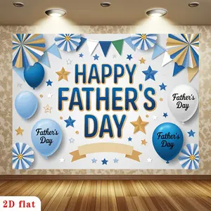 [PARTY BANNERS] 2D Flat Banner, Blue Golden Star Balloon Fan Happy Father's Day Decor Polyester Backdrop, for Party Decor Farm, Garden, Home, Room, Club, No Electricity, This Is an Excellent Gift for Holding Events and Parties., 2D Flat