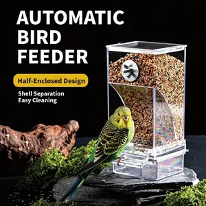 18-Day No-Mess Automatic Bird Feeder Half-Enclosed Design with Shell Separation Easy-to-Clean Acrylic Feeder for Parakeets Budgies & Small Birds Anti-Spill & Anti-Scratch Feeding Port