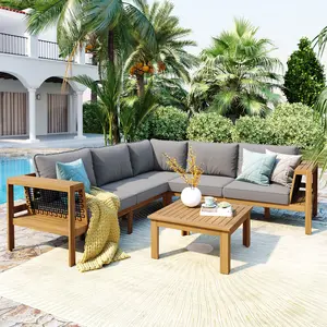 [Bellemave] 4 Pieces Outdoor Acacia Wood Sofa Set, L-Shaped Patio Furniture Sofa with Woven Mesh Armrests, 2 Loveseat & 1 Corner Sofa & 1 Coffee Table﻿
