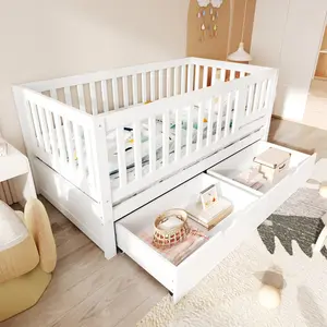 Convertible Bed with Storage Drawers, 3-in-1 Solid Wood Daybed with Removable Guardrails, Compatible with standard US mattresses, White