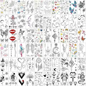 60 Sheets Tiny Waterproof Temporary Tattoos, Moon Stars Constellations Music Compass Anchor Words Lines Flowers for Kids Adults Men and Women