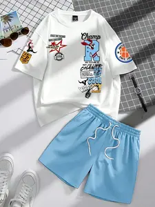 Summer Street Men's Casual Set White-Blue Color Block Basketball Print Cool Breathable Outfit