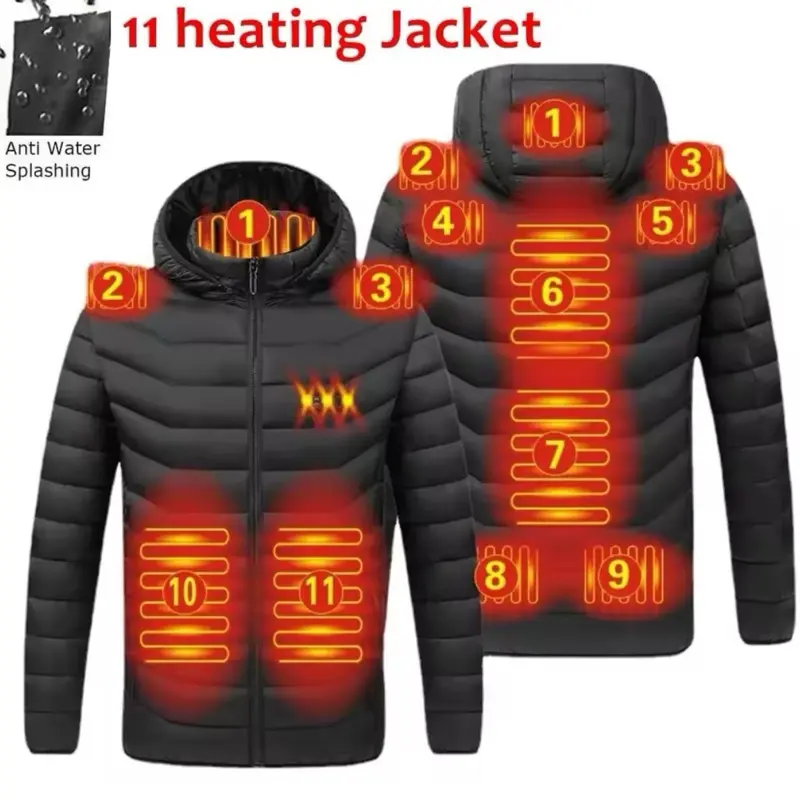 Mens Parka Winter Warm USB Heated Jacket with 11 Heating Zones Anti Water Splashing Sizes L