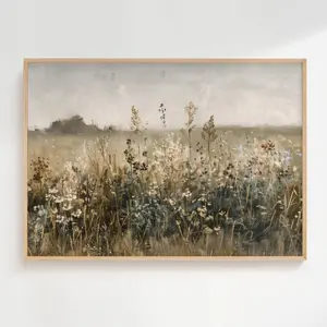 Muted Wildflower Field Art Print Vintage Oil Painting Posters Field Landscape Wall Decor Country Field Art Gift Spring Art Summer Art