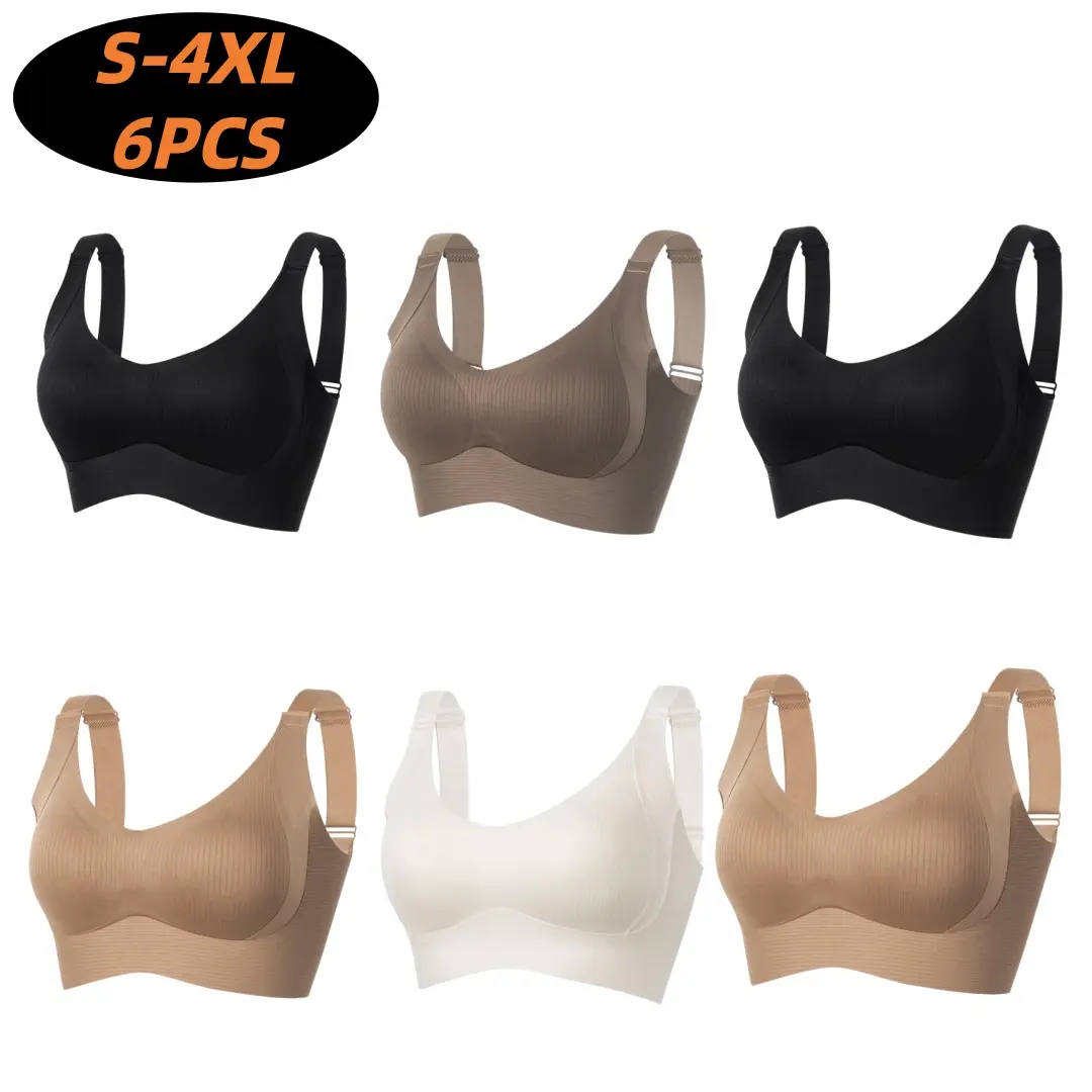 Women's Seamless Wirefree Basic Bras (6PCS) - Nylon Blend Fabric, Unlined, Lightweight, Breathable, Flexible Stretch, Plus Size Fit, Comfortable, Smooth, No Fraying Edges, Everyday Bras for Women, Wirefree Bra Womenswear Elastic