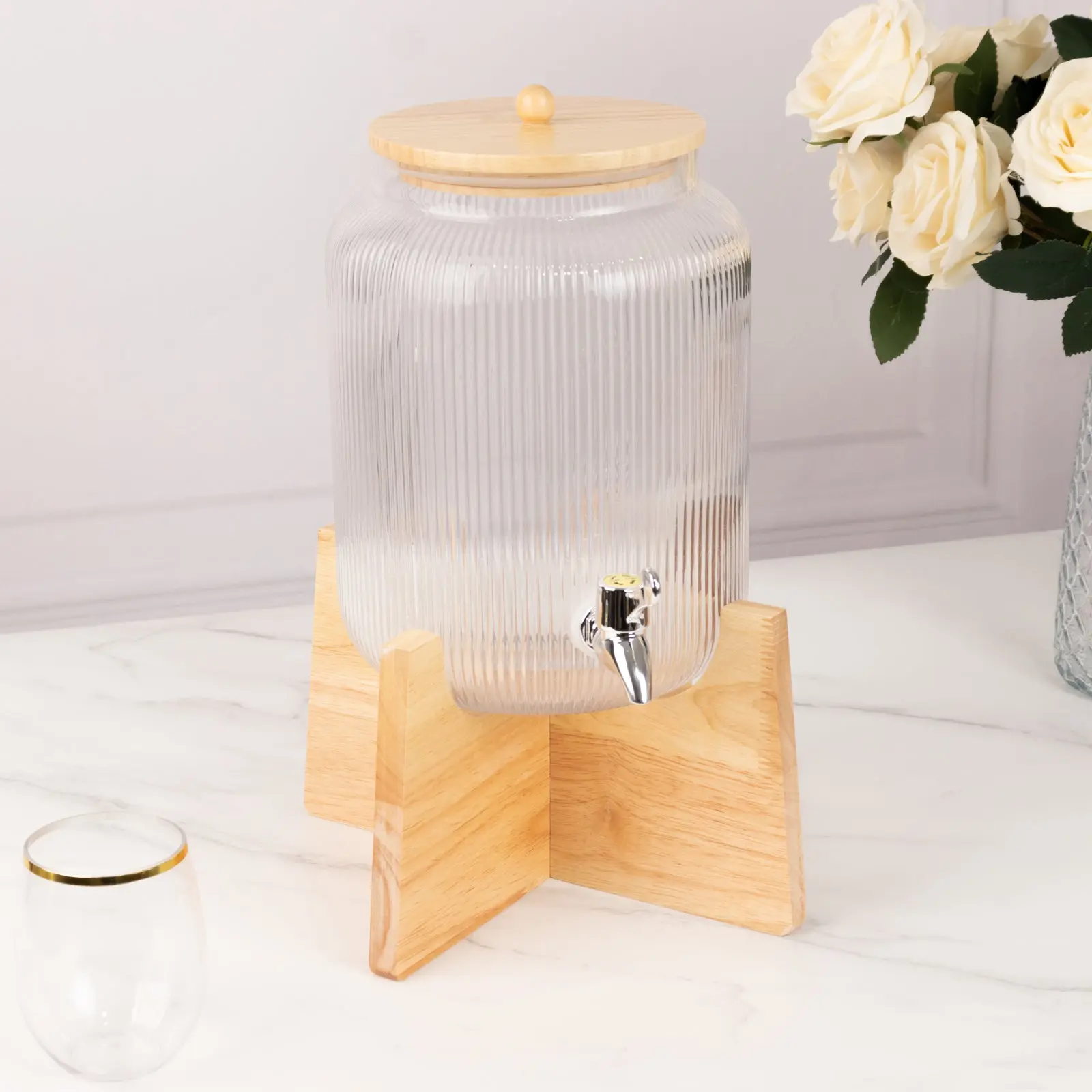 1 Gallon Clear Ribbed Glass Beverage Dispenser with Spigot 14", Wooden Stand and Lid Round Juice Jar - Lead-Free Countertop Feature