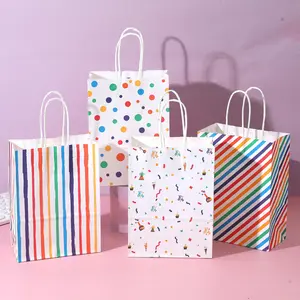 Colorful Gift Bag, 12pcs Ribbon & Dot & Stripe Pattern Gift Bag with Handle, Gift Wrapping Supplies for Birthday Party Wedding