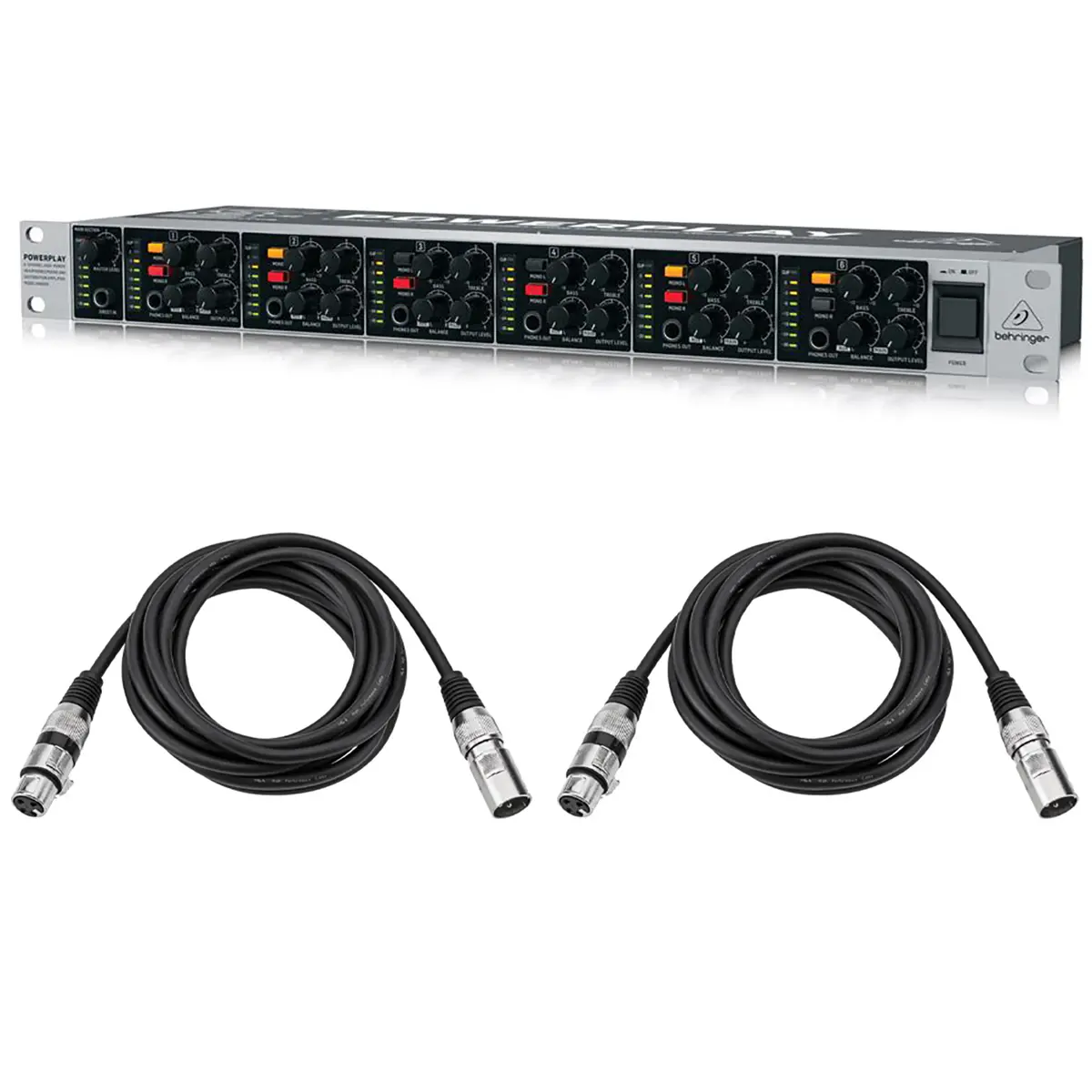 Behringer POWERPLAY HA6000 6-Channel Headphone Mixing/Distribution Amplifier, Bundle with 2x Value Series XLR M to F Professional Microphone Cable - 10'