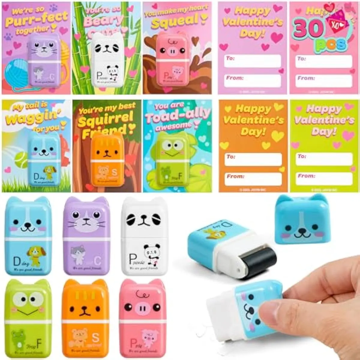 30 PCS Valentines Cards with Animals Erasers and Clean Up Roller for Party Favor Gifts, Classroom Exchange Prize, Valentines Greeting Cards
