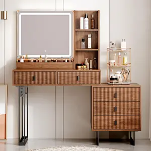 Large Vanity Desk with 3 Color Touch Screen Dimming Mirror, Vanity Desk with Charging Station, Modern Retractable Makeup Dressing Table, Makeup Table With storage shelves and 5 Sliding Drawers, Walnut