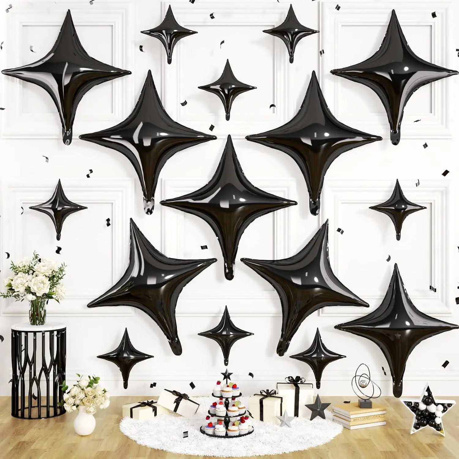 Black Star Balloons, 16 Pcs Four Angle Star Foil Balloons, 26 Inch And 10 Inch Black Stars Shaped Balloon For Graduation Birthday Baby Shower Anniversary Retirement Engagement New Year Party Decor