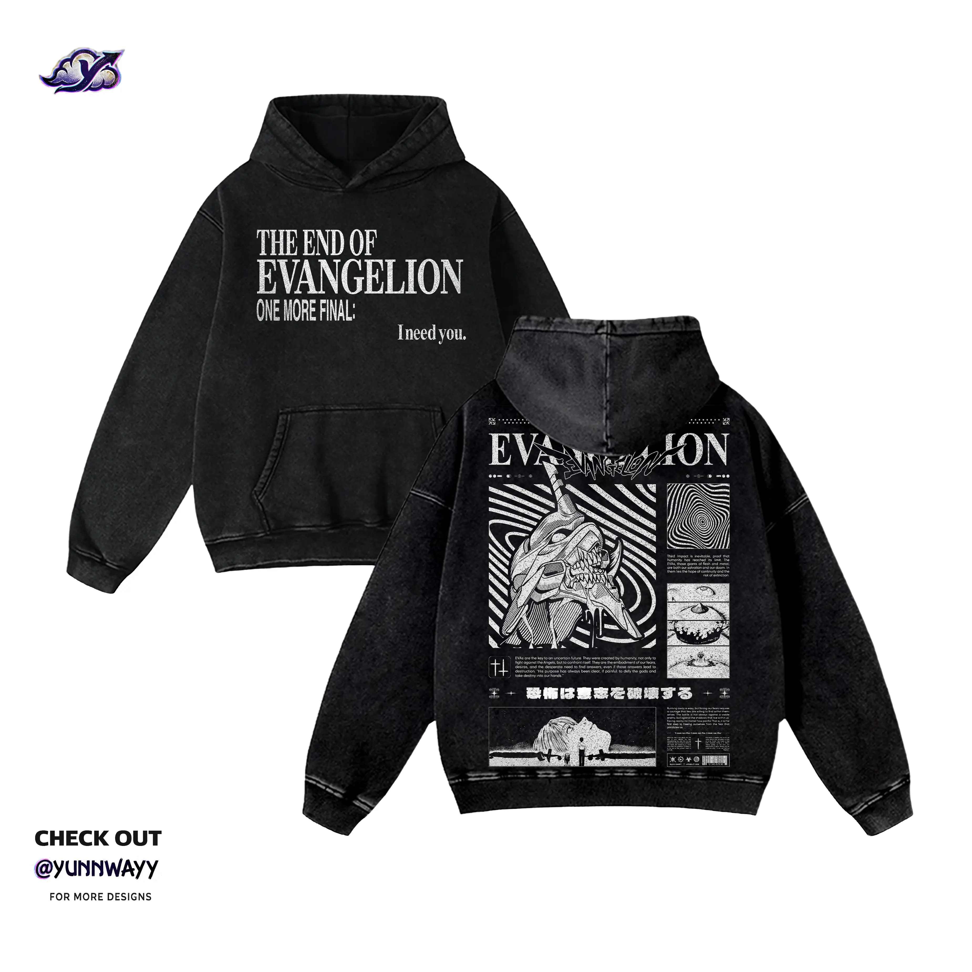 The end of Neon Genesis Evangelion Anime Hoodie with 2-sided Graphic, Vintage Washed Streetwear T-Shirt, Heavyweight Cotton Loose-Fit Unisex Shirts, Guys Gifts for Anime Fans Summer long sleeve Mens Clothing