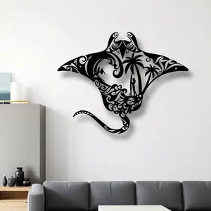 Metal Manta Ray Wall Art, Coastal Theme Decor with Surfboard, Waves, Starfish & Palm Silhouette Design for Home Decoration