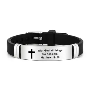 Inspirational Quote Bible Verse Cross Bracelet Faith Christian Silicone ID Wristband Religious Gifts for Men Women Stainless Steel Rubber Adjustable Bracelet