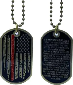 Red line American Flag Design Firefighter Challenge Coin, Fireman Prayer Dog Tag Necklace
