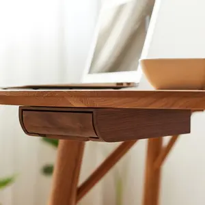 No-drill solid wood table with under-table drawers; adhesive-mounted hidden drawers under the table; screwless installation; suitable for office stationery, pens, and creating a minimalist desktop space.