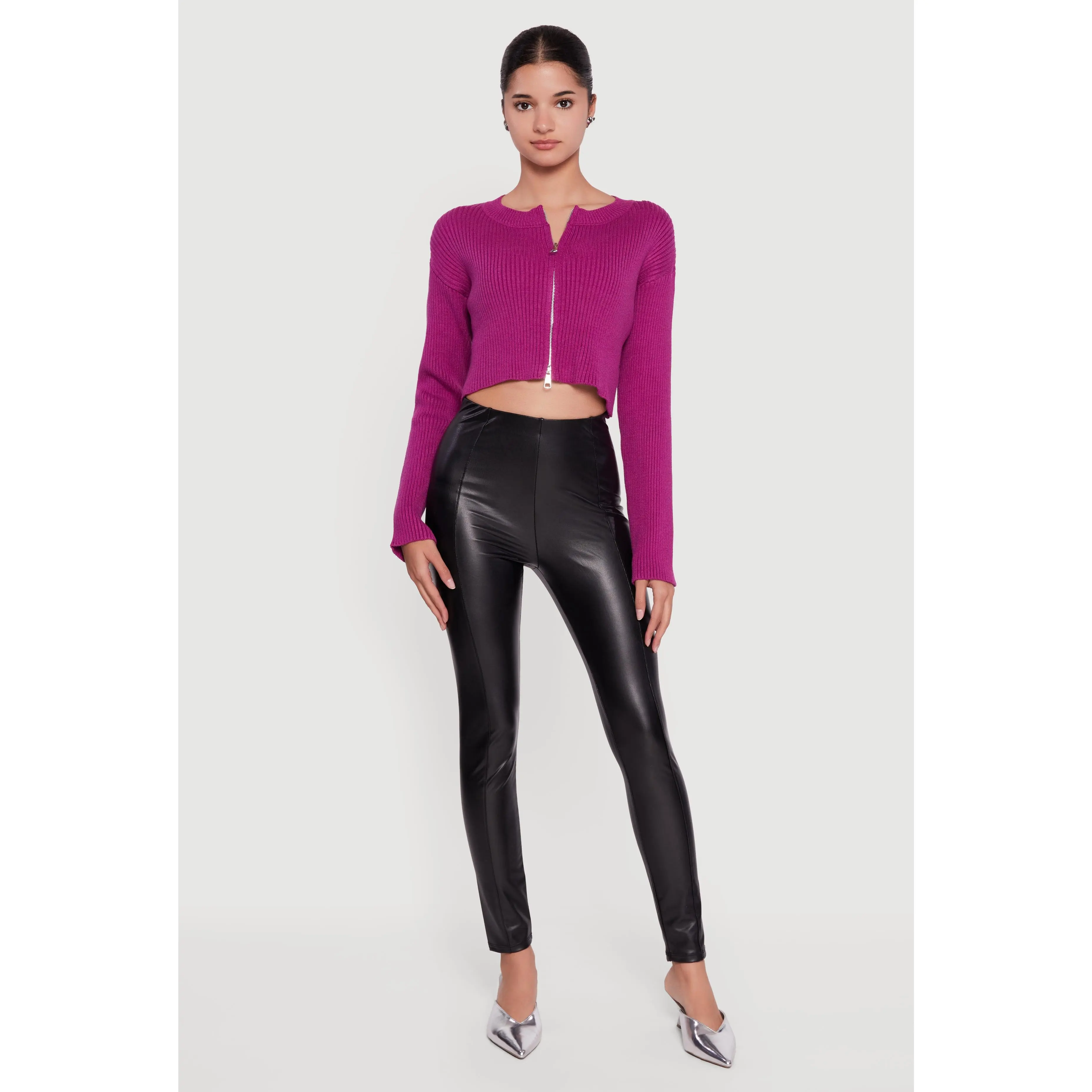 Ribbed Knit Long Sleeve Zip Front Cropped Sweater