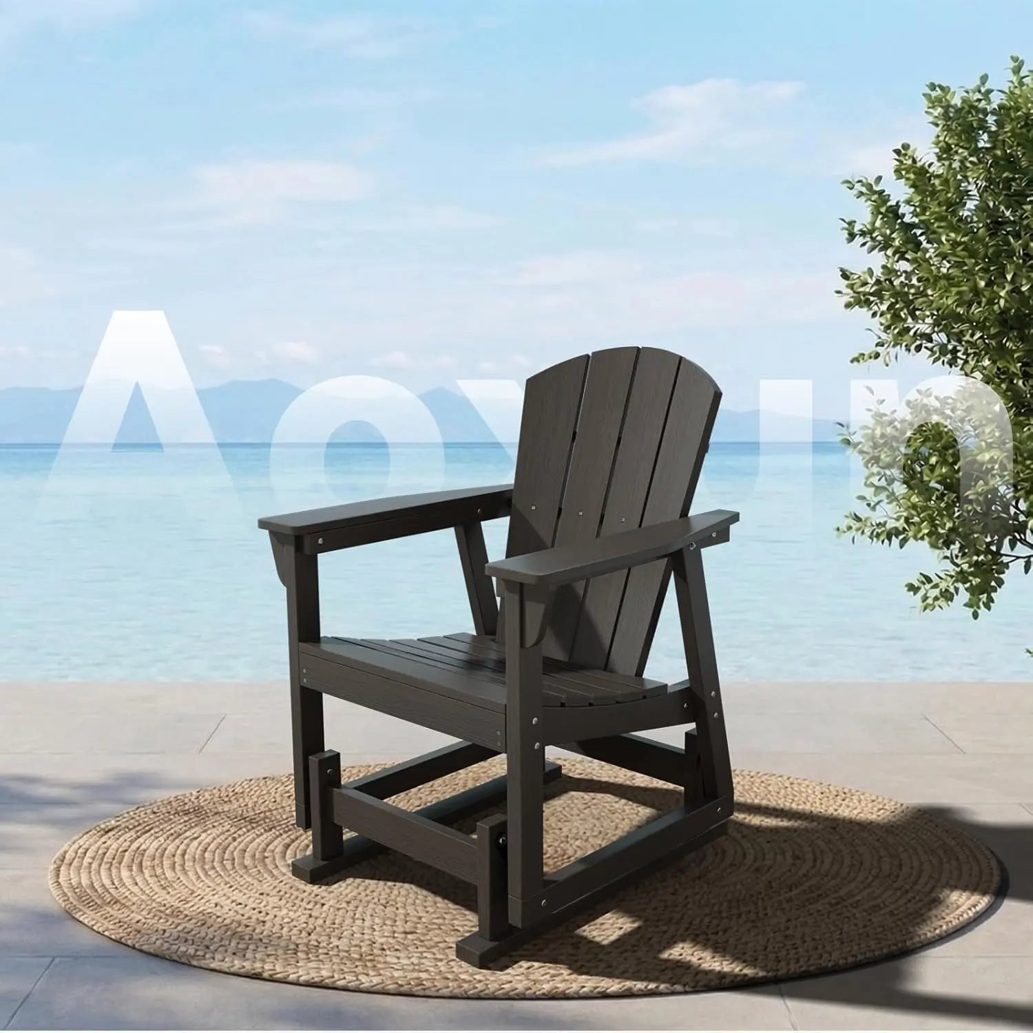 Aoxun Adirondack Outdoor Rocking Chair, HDPE Wood-Like Patio Rocking Chairs with Wide Seat, Porch Glider Chair for Outside, Garden, Lawn, Set of 4, Black
