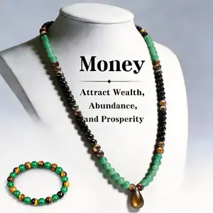 2pcs Money Attraction 8MM Necklace&Bracelets Wealth for Men Women Green Jade Beaded Good Luck Bracelet Tiger Eye Trendy Birthday Jewelry Gifts for Friends