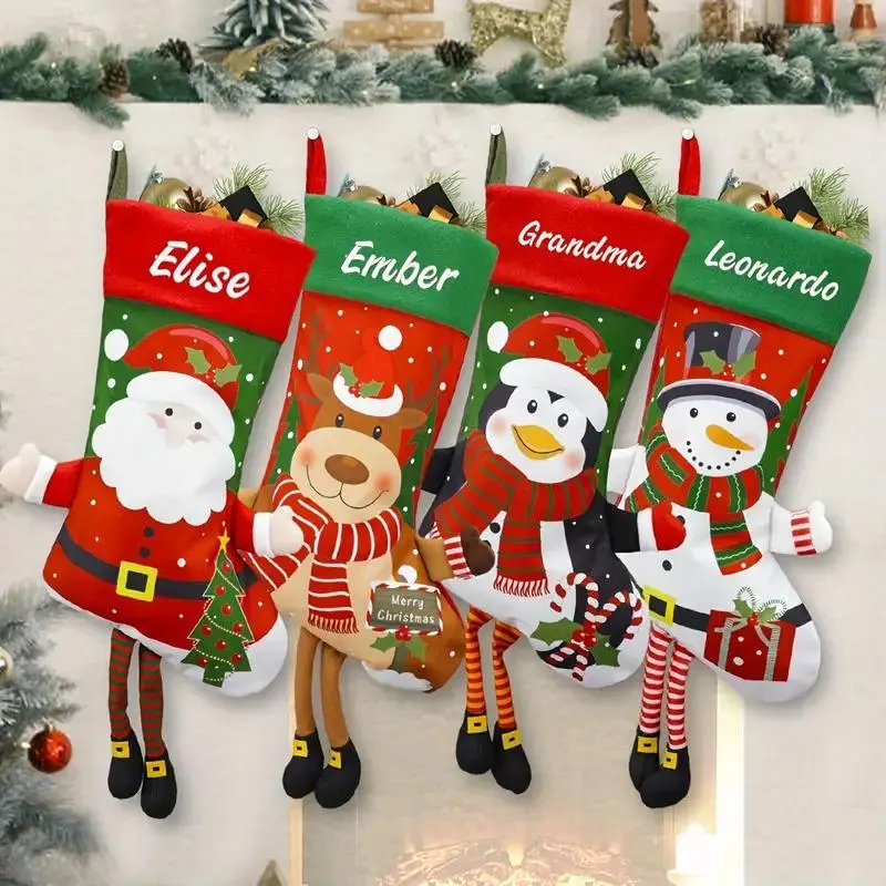 Custom Embroidered Long Christmas Stockings, Polyester Material, Classic Design, Festive Holiday Decoration, Santa Claus Theme, Gifts